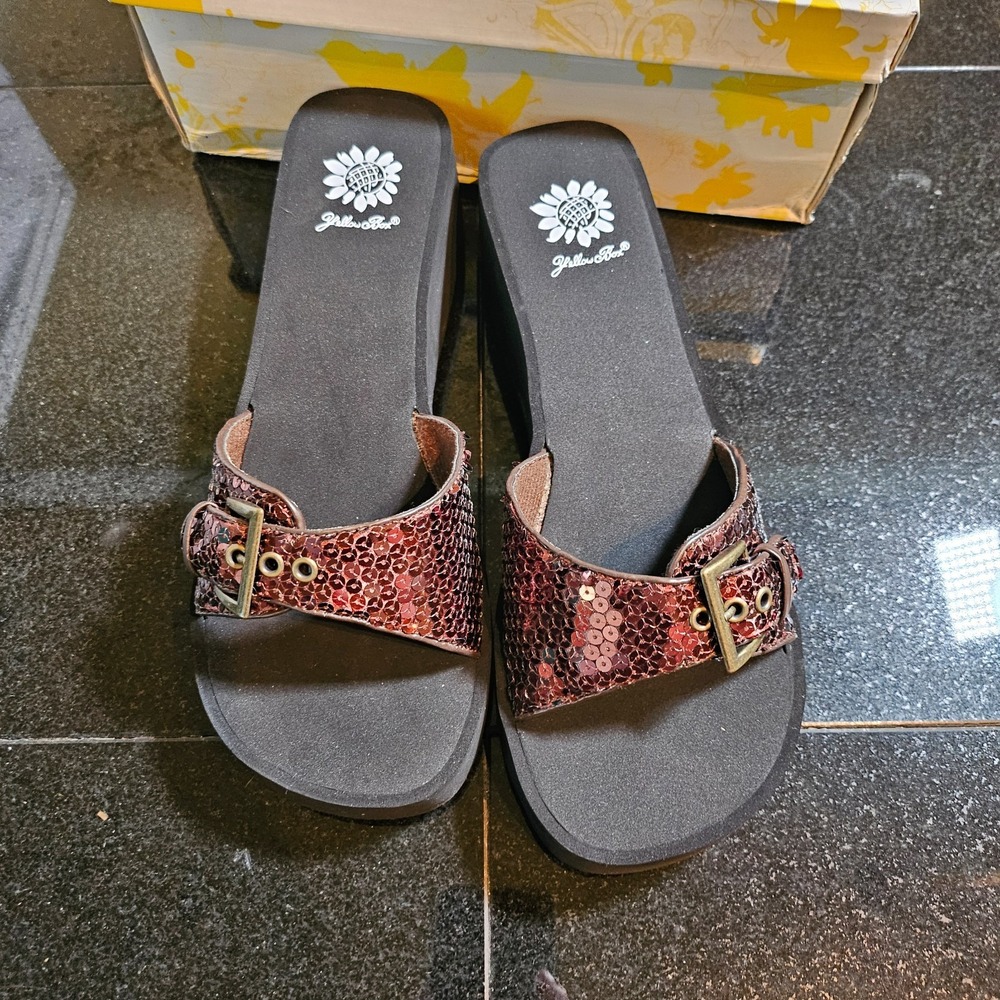 Yellow Box Women Cone 235636 Brown Sequin Slide Sandals Platform Wedge 10